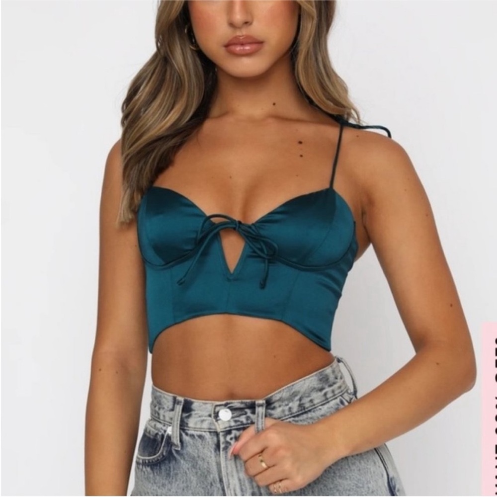 WHITE FOX Corset Teal Hunter Green Satin Tie-Front Crop Top S